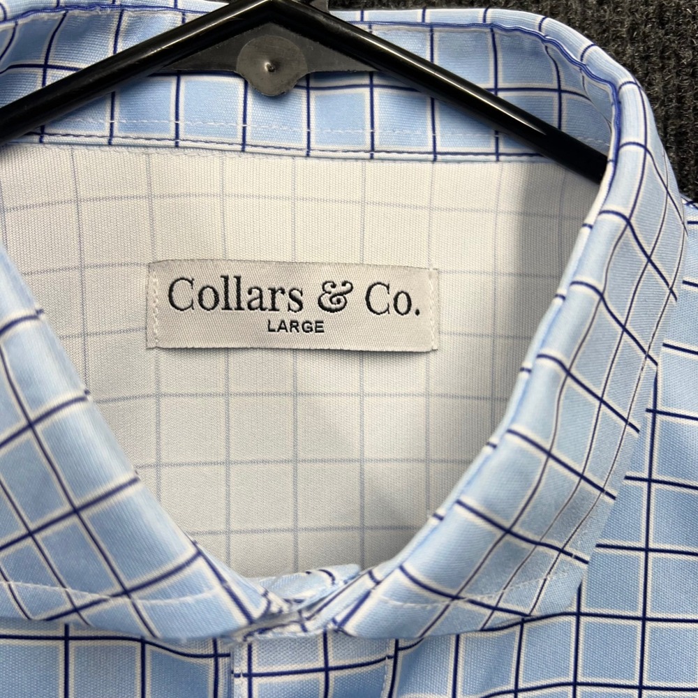 Collars & Co Mens Dress Collar Polo Shirt Blue Windowpane Performance Large 2566 - Picture 5 of 8